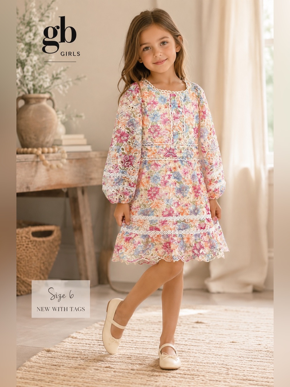 NWT,GB Girls,Stunning Floral Embroidered Dress, OUT OF STOCK ON-LINE, Size 6